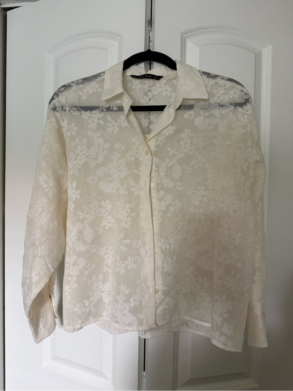 Zara Ivory Floral Sheer Button-Up Blouse